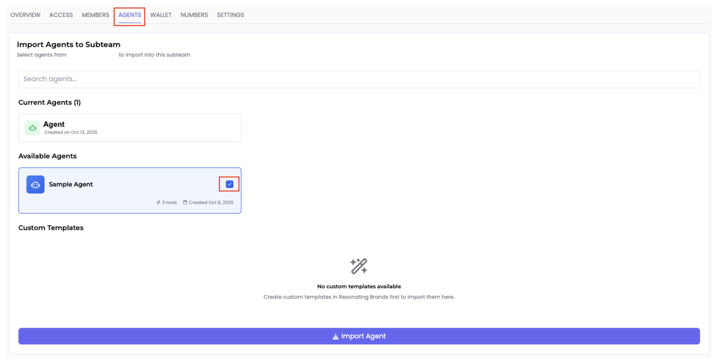 Agent duplication interface showing import agent option